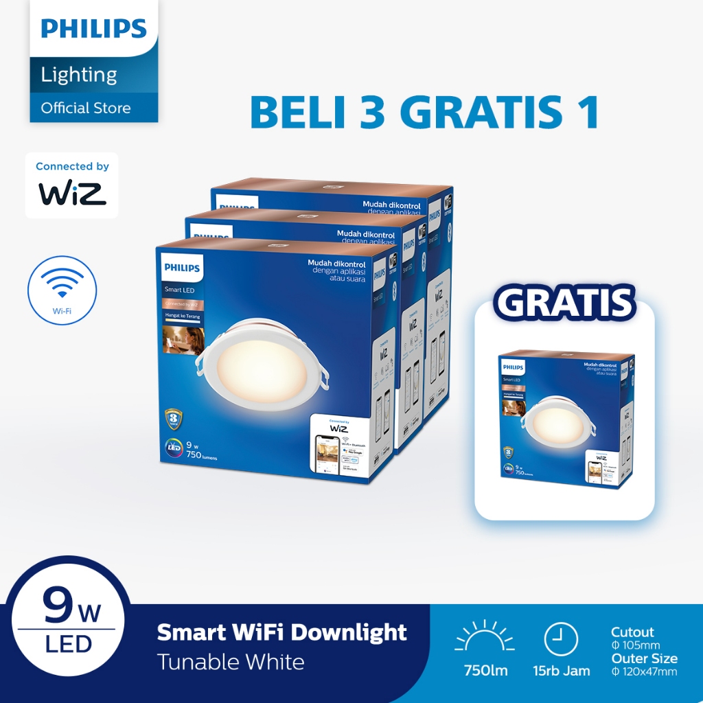 Beli 3 Gratis 1 Philips Smart Wifi LED Downlight 9W - Tunable White (Putih) NEW GEN