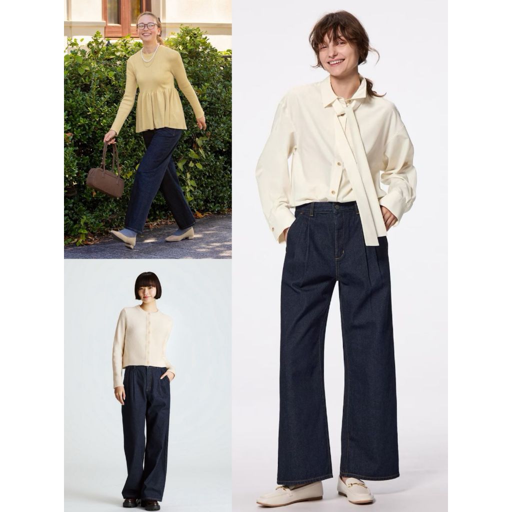 Celana Jeans Wanita High-Waist Denim Pleated Wide-Leg Trousers - GU-9487