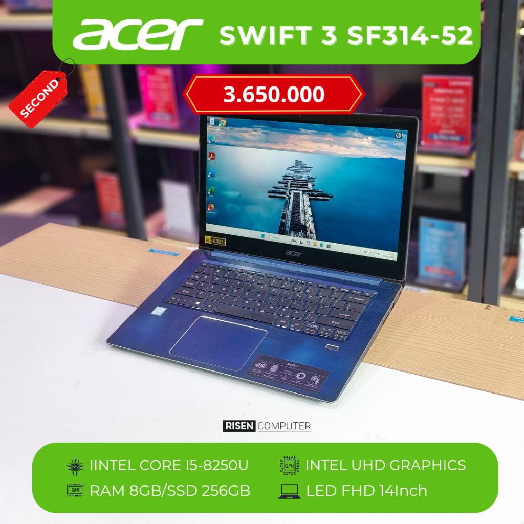 ACER SWIFT 3 SF314-52-56ZZ FHD 14inch Intel Core I5-8250U RAM 8GB SSD 256GB Notebook Second Bekas