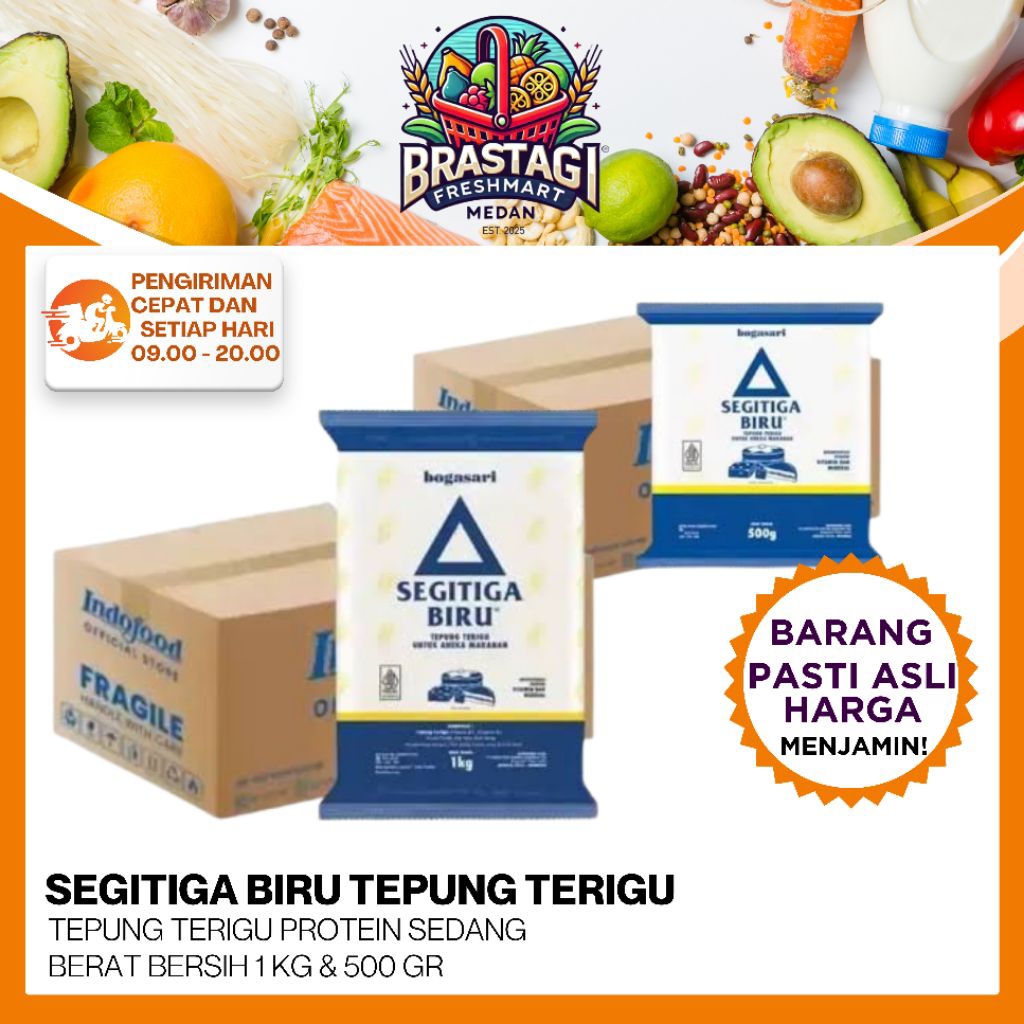 BOGASARI SEGITIGA BIRU 500GR & 1KG TEPUNG TERIGU SEGITIGA BIRU PERKARDUS / PERKARTON