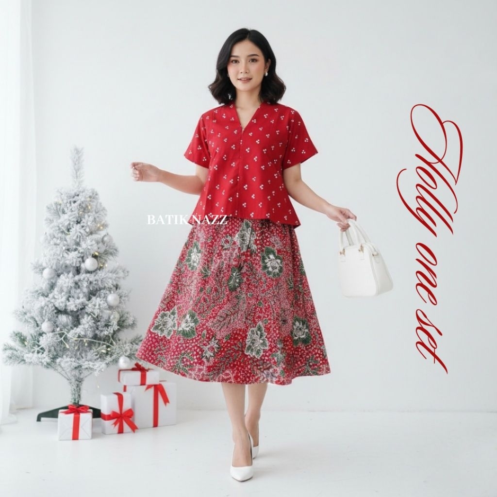 Blouse Batik Semi Crop One set Rok batik Ruffles Rok Batik Payung Batik Natal  - Holly