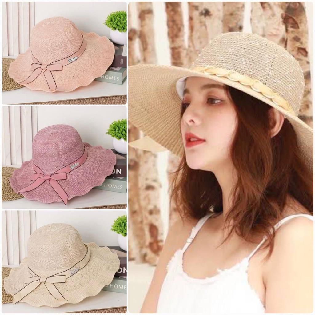 Topi pantai cewek bucket ruffle rumbia topi dewasa pelindung matahari kekinian
