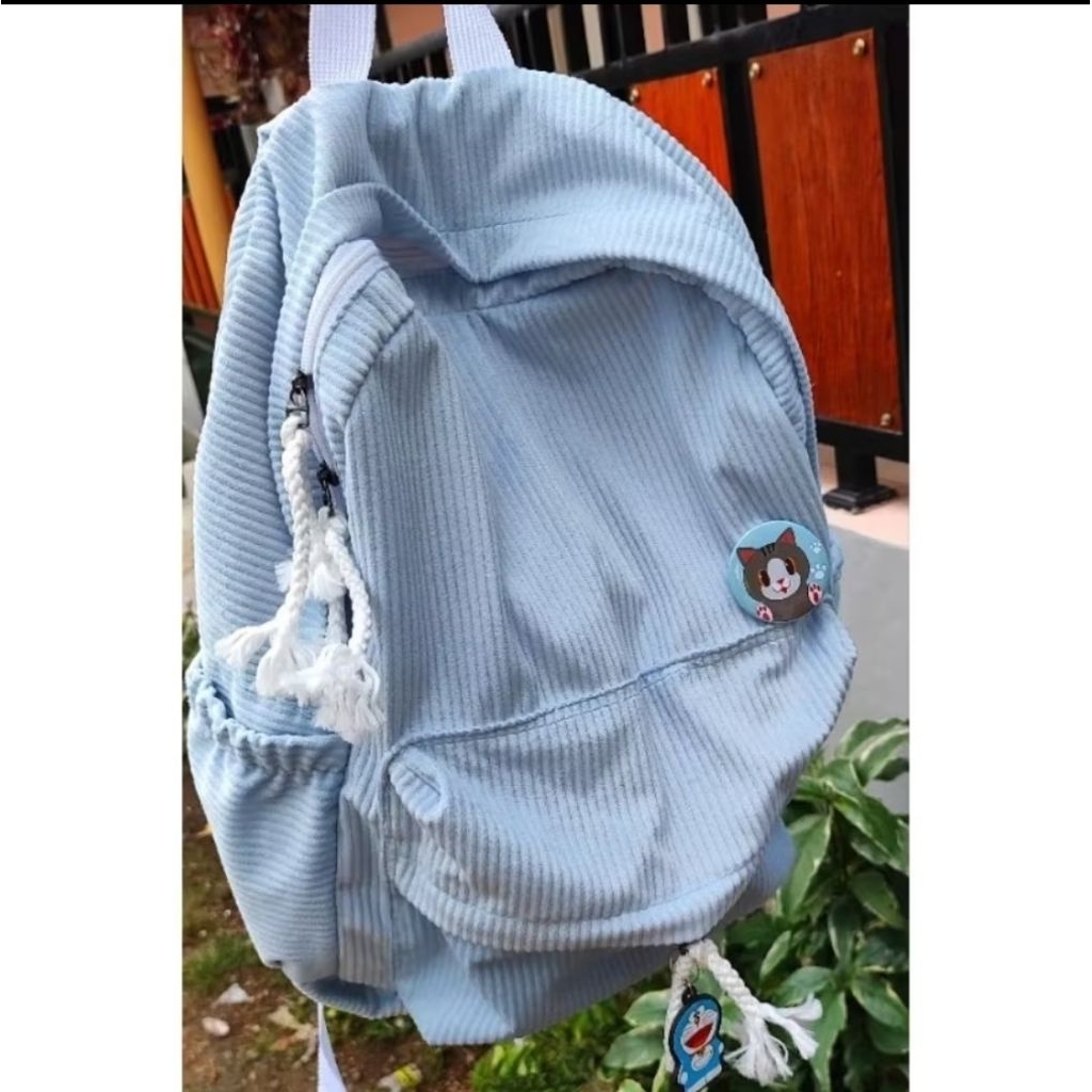 neymo > tas ransel sekolah / backpack corduroy wanita pria  / free pin