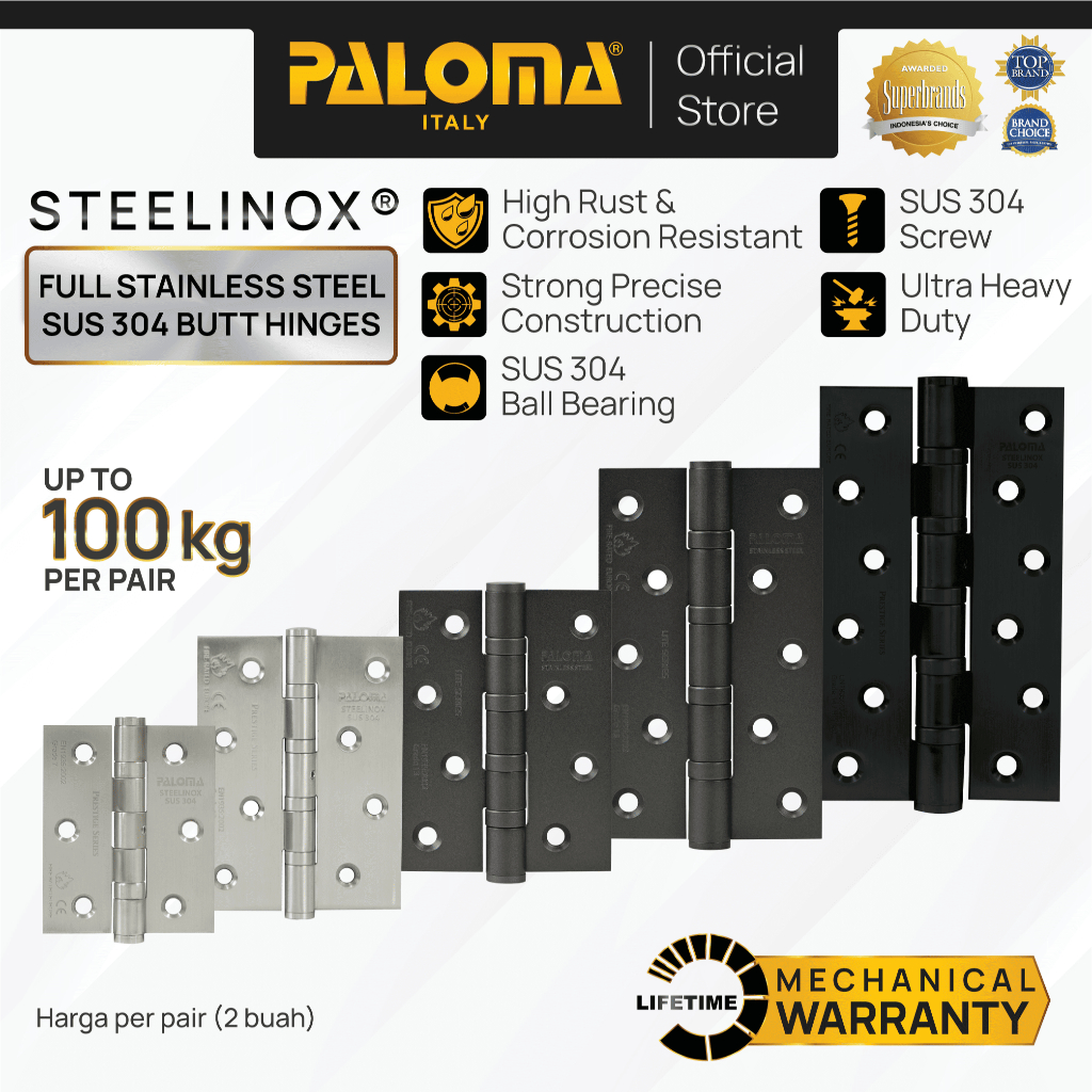 PALOMA Engsel Pintu Jendela Hinge Kupu Butt Plat Kayu Aluminium PVC Hinges Door Window Steelinox Sta