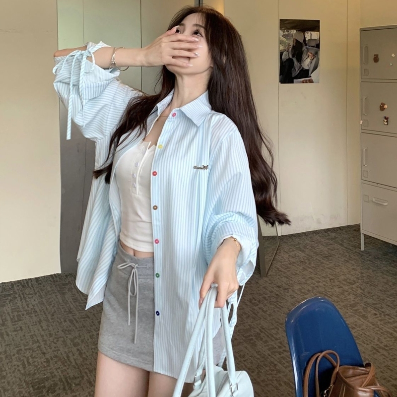 yikoo-Kemeja korea shirt Blouse Wanita Lengan Panjang Longgar Bergaris Model Korea longgar bergaris 