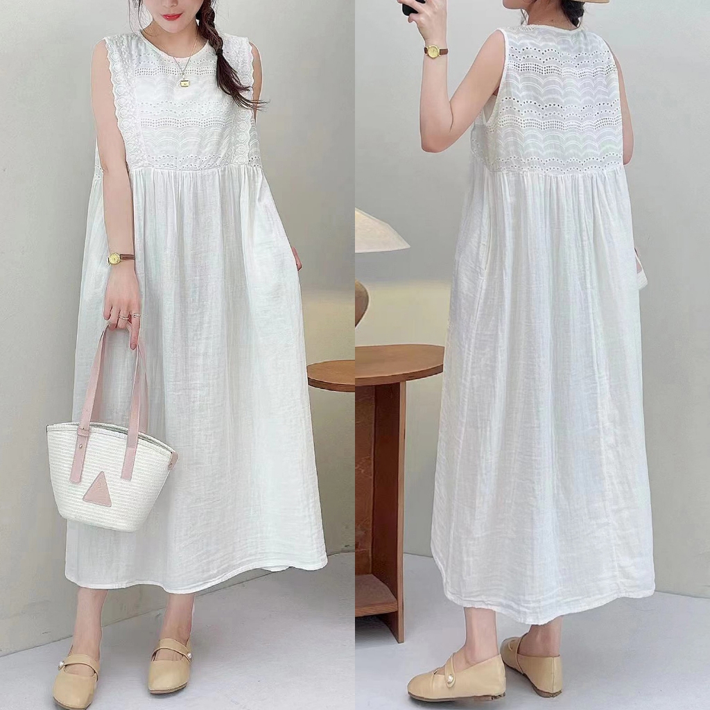 DRESS KUTUNG KATUN LINEN PUTIH PREMIUM BABYDOLL DADA BORDIR EYELETS KOREA IMPORT