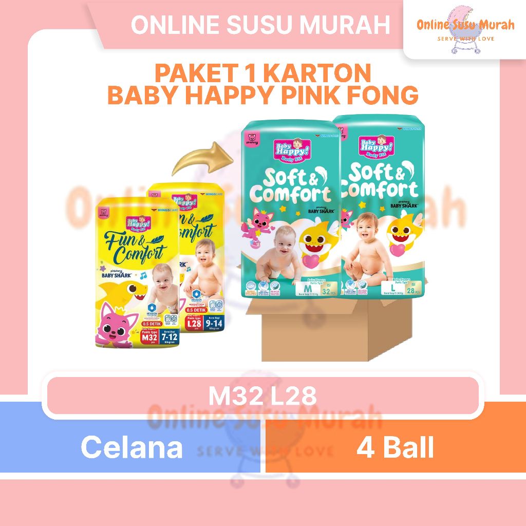 BABY HAPPY PINK FONG FUN & COMFORT PAKET 4 BALL / 1 KARTON M32 L28 POPOK CELANA M 32 L 28 PPKS