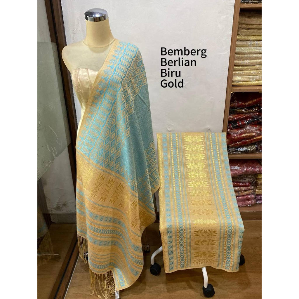 Songket Tumtuman Benang Berlian Bemberg Tanpa Sambungan Warna Gold biru hijau mahogany Pink