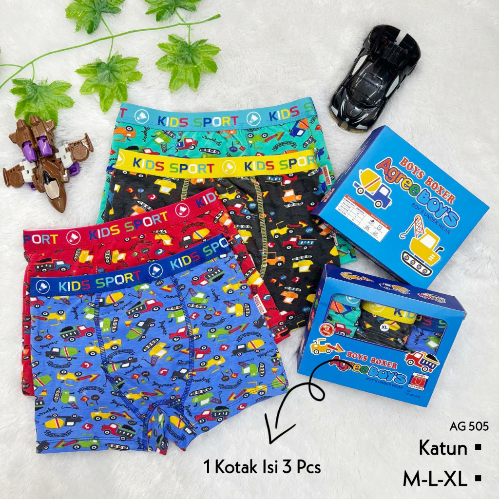 AGREE - (3 Pcs) Boxer Anak Cowok/Celana Dalam Anak Laki Laki 4 5 6 7 Tahun | M, L, XL | Bahan Katun 
