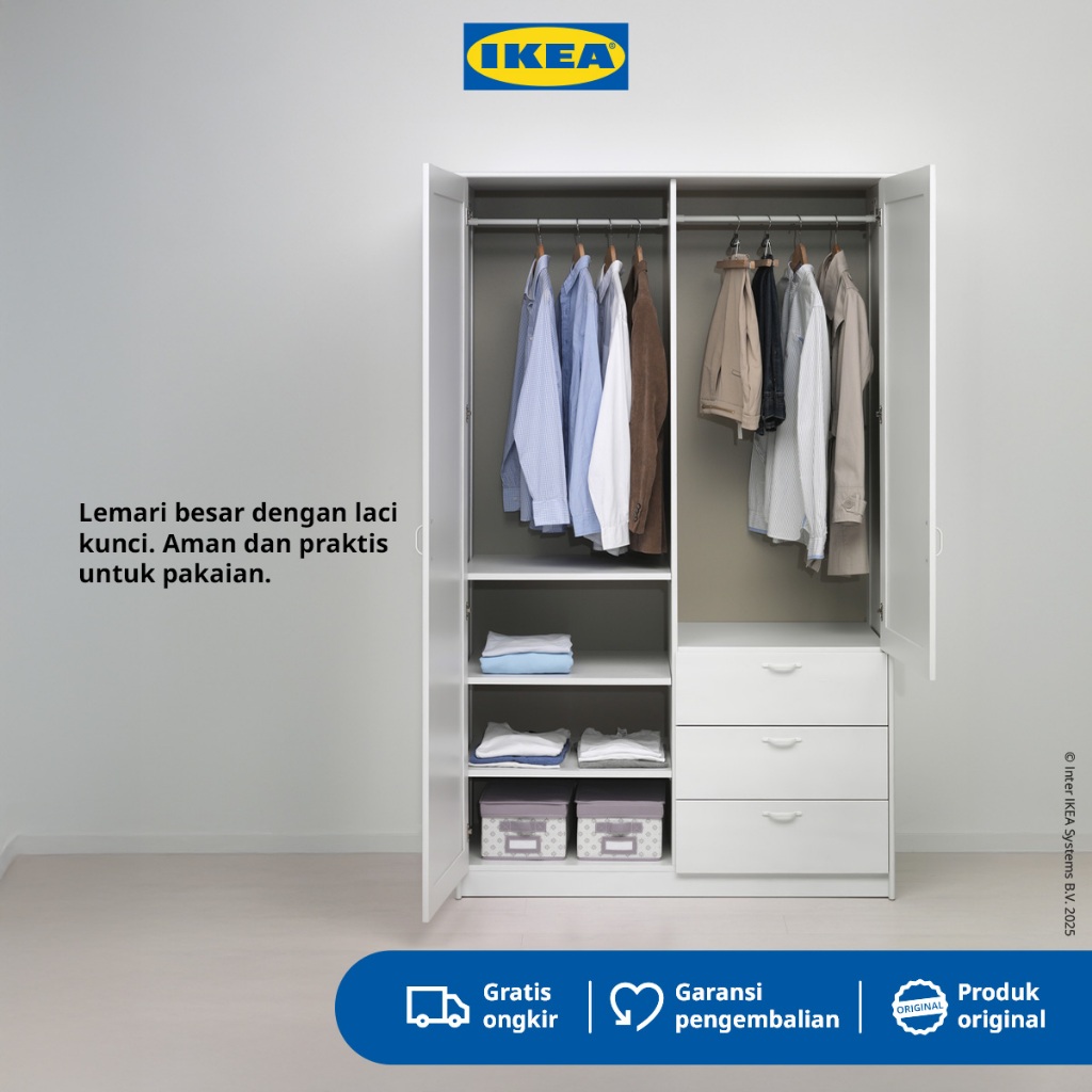 IKEA MUSKEN Lemari Pakaian 2 Pintu dan 3 Laci Putih 124x60x201 cm