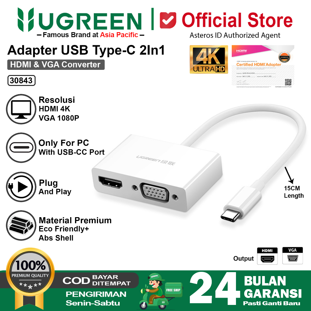 UGREEN Converter USB Type C To HDMI Dan VGA Adapter 2IN1 30843