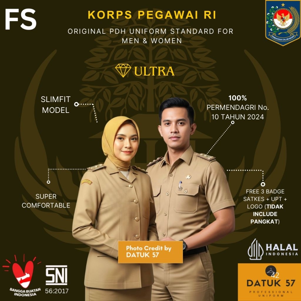 [FULL SET] Original Ultra Premium by Datuk57 : Seragam PDH Khaki Pemda PPPK PNS ASN Guru Pegawai Neg