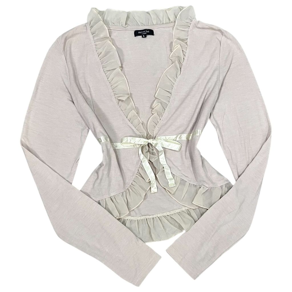 Ruffle Ribbon V Neck Fairycore Soft Longsleeve Cardigan | sateen bow front tie lembut v neck outer k