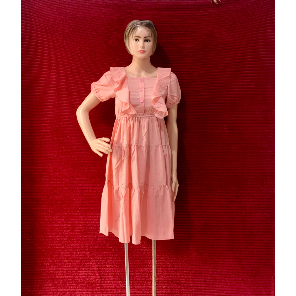 MIDI DRESS PINK RUFFLE WANITA YANGAN BALON RUMBAI CANTIK REMAJA