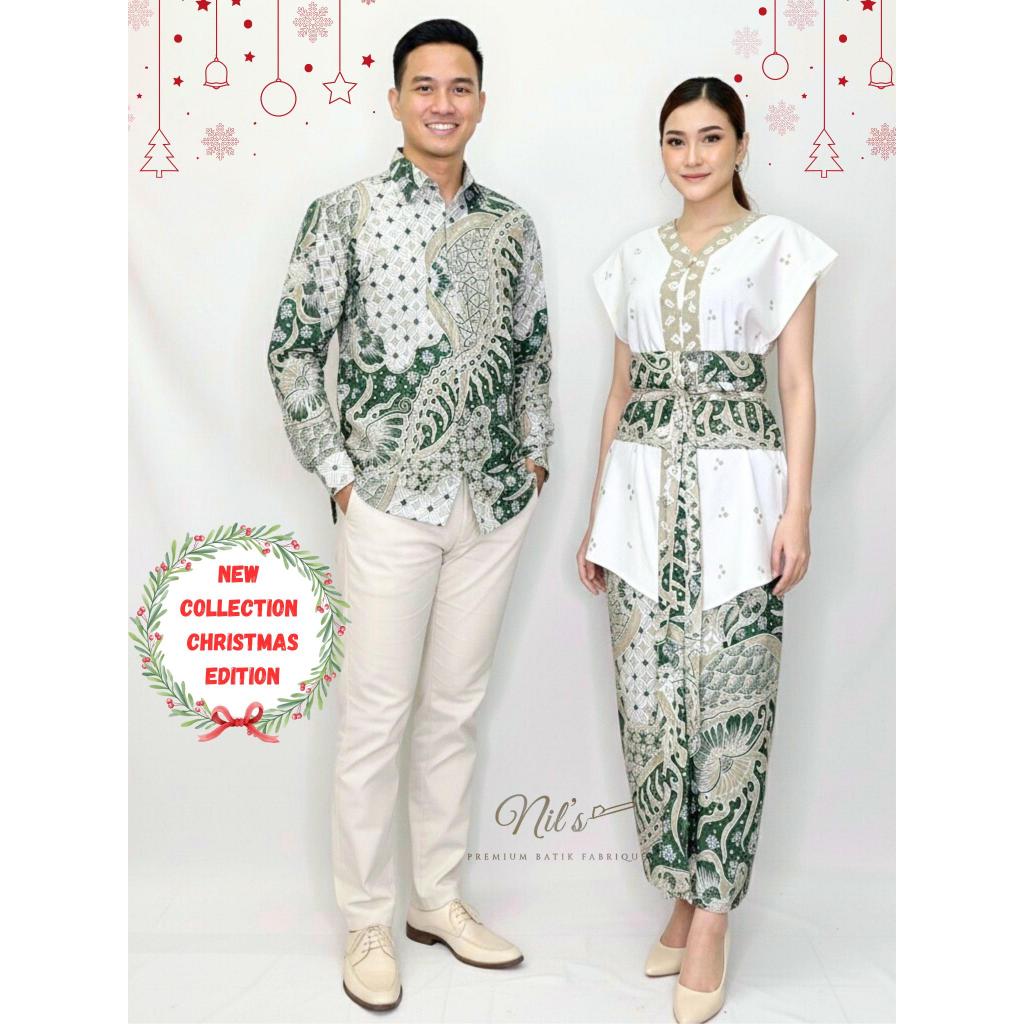 Couple Set Natal Kemeja Batik Pria Lengan Panjang dan Rok Instan dan Obi Belt / Couple Set Batik Nat