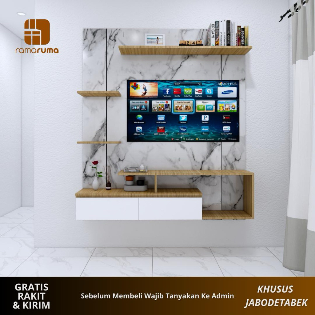 BACKDROP TV DINDING RUANG TAMU - BACKDROP TV MINIMALIS MODERN - HPL OMEGA PLYWOOD