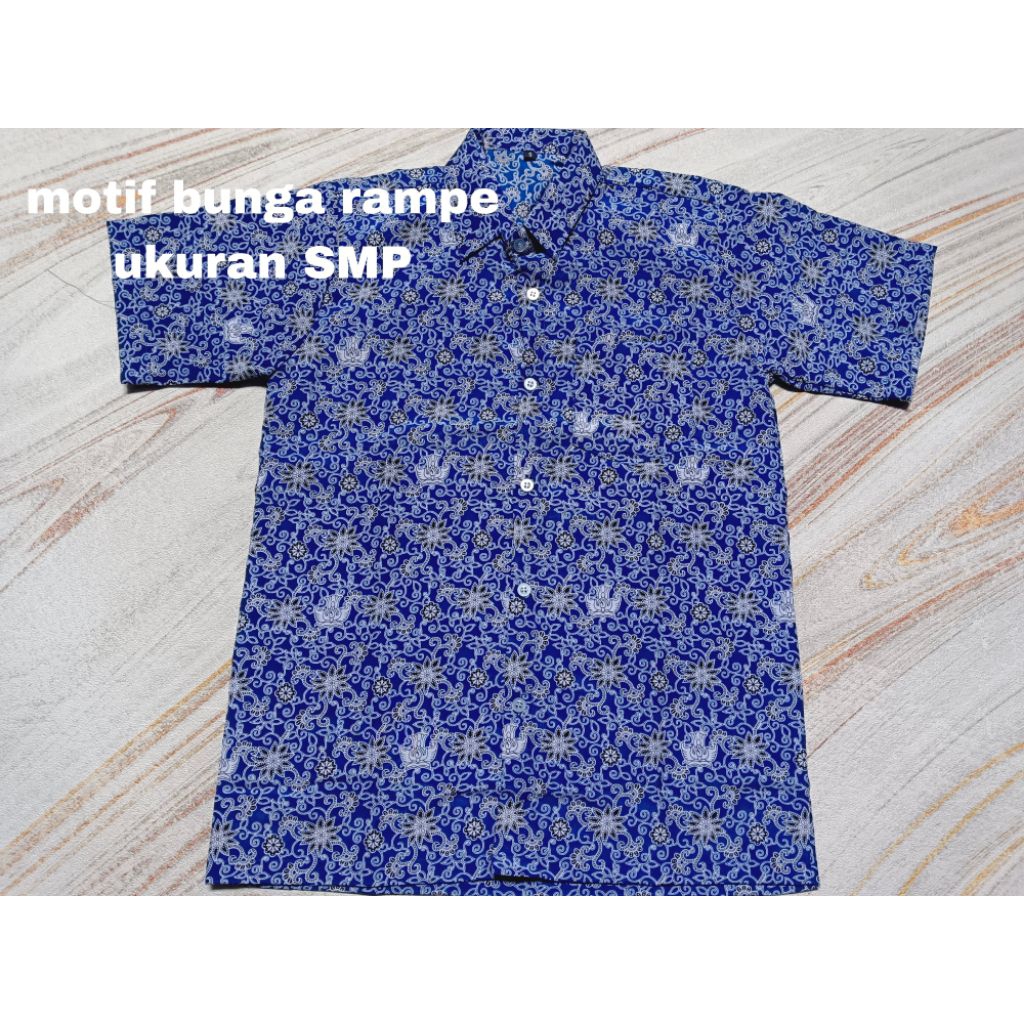 Seragam Batik Sekolah SMP Nasional motif Bunga Rampe  warna Biru lengan pendek ready stock