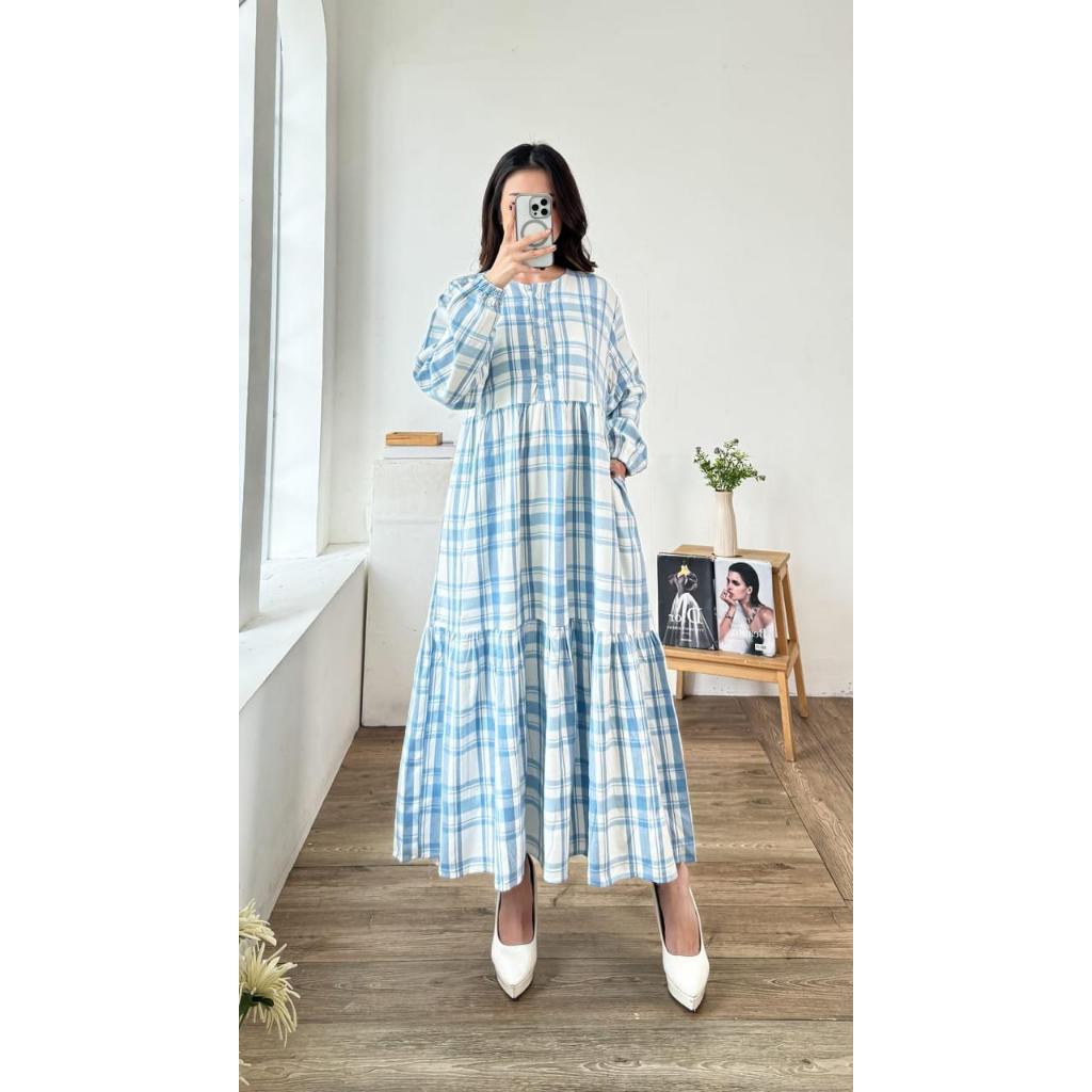 Maxi Dress Kotak Biru Langit Garis Hitam – Long Dress Wanita LD 110 / Dress Casual Busui Friendly