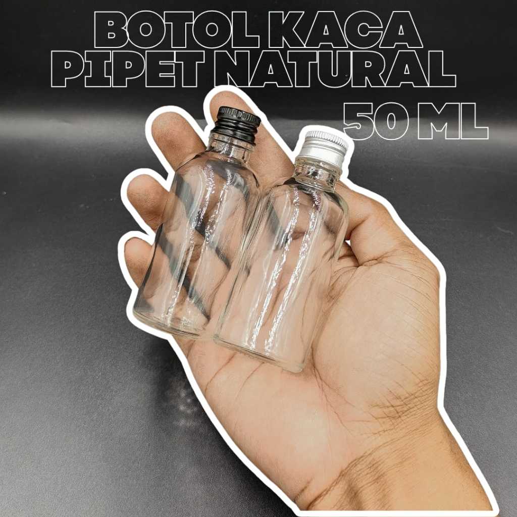 botol kaca 50ml natural tutup ulir almunium / botol ulir 50ml kaca