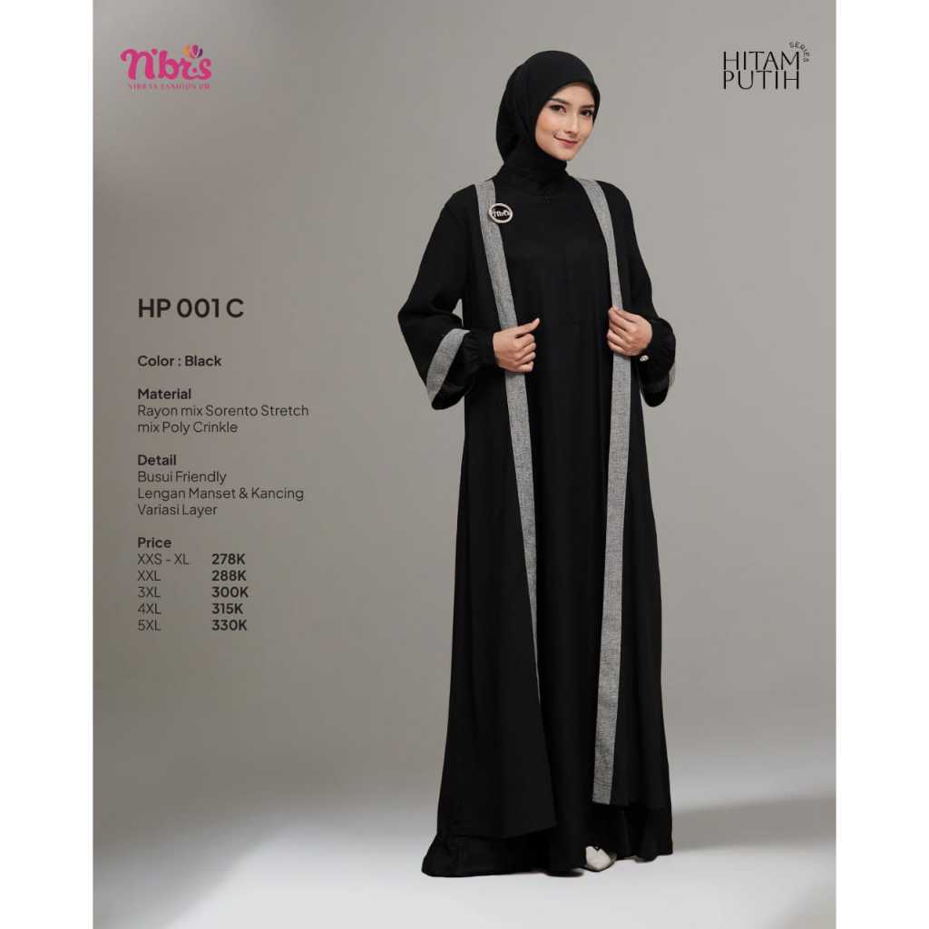 Gamis Nibras HP 001 C Abaya Gamis Nibras Dress Hitam Bahan Rayon mix Sorento Stretch mix Cradenza