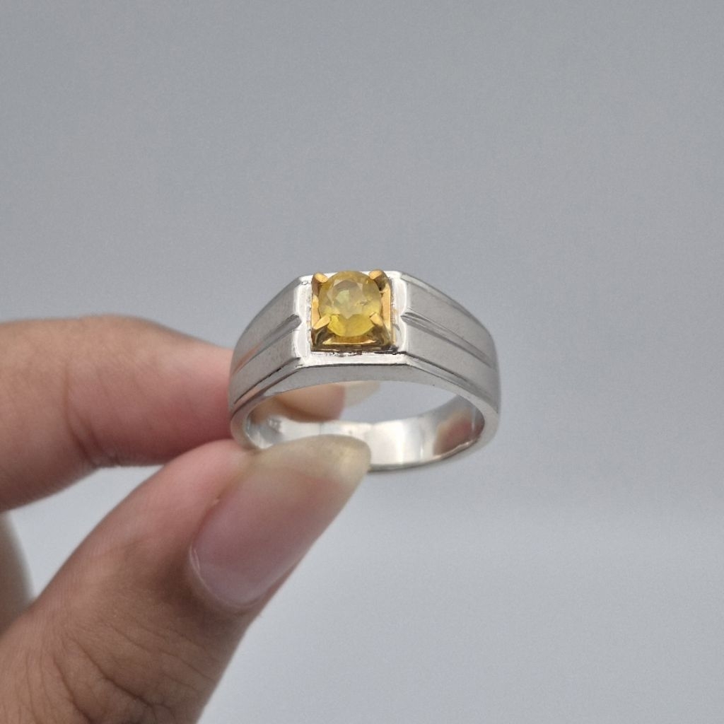 Cincin perak batu Natural Yellow Sapphire (hbe), ukuran jari bisa disesuaikan (freesize), natural ye