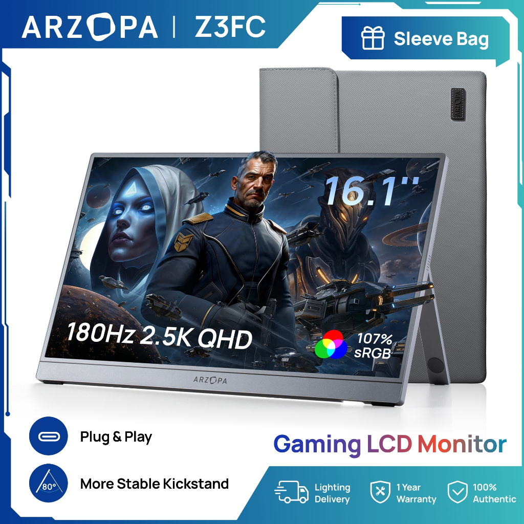 (Official Store) ARZOPA Monitor Portabel 16.1'' 180Hz - Z3FC Abu-abu, 107% sRGB 2.5K dengan Kickstan