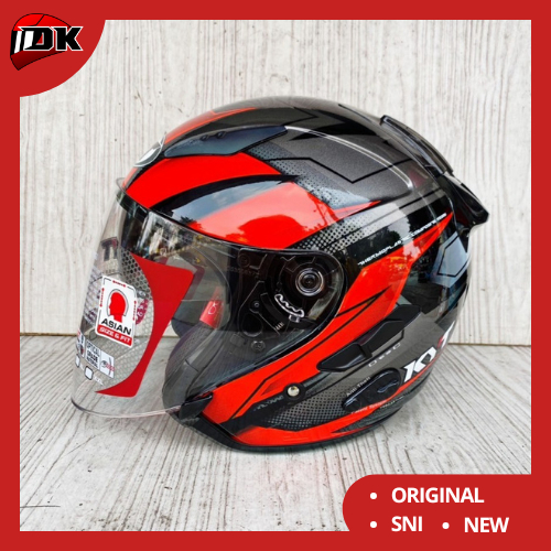 HELM HALF FACE KYT GALAXY FLAT R ASYMMETRIC BLACK RED DOUBLE VISOR MERAH HITAM ORIGINAL