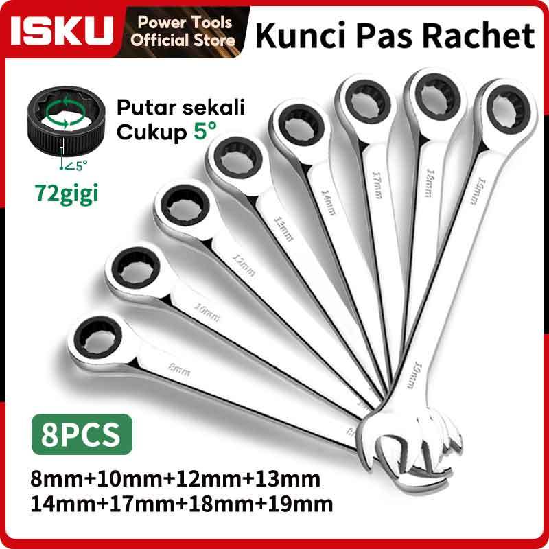 ISKU Chrome Vanadium Gagang Ring Ratchet Wrench Kunci Ring Pas Set 8pcs 8-19mm/4pcs Set 8-14mm Kunci