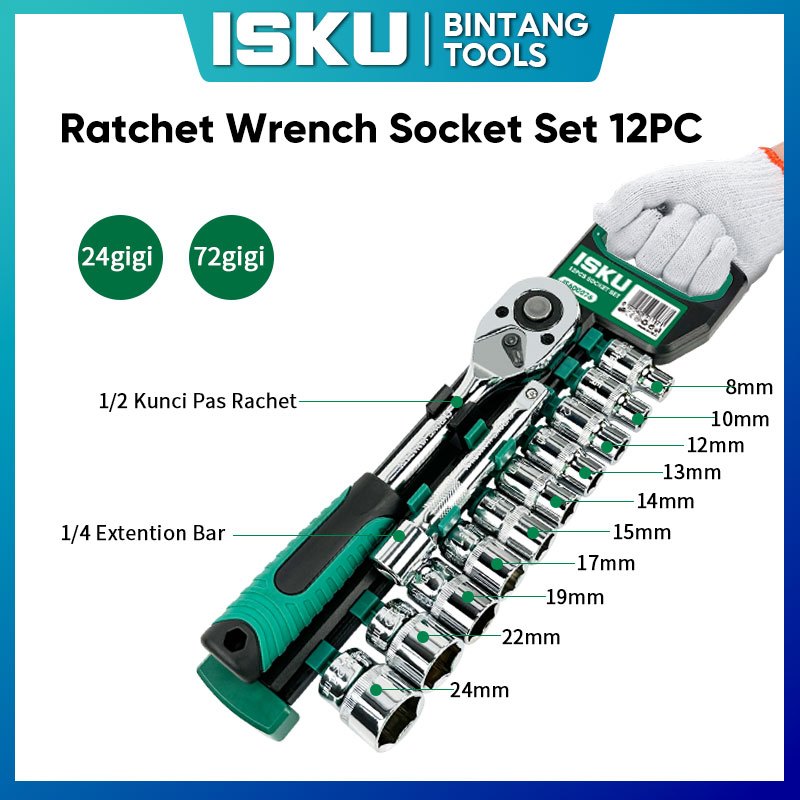 ISKU Gagang Kunci Shock Kunci Shock Set 1/2 Inch Kunci Shock Set 12pcs Kunci Sok Wrench Rachet Kunci