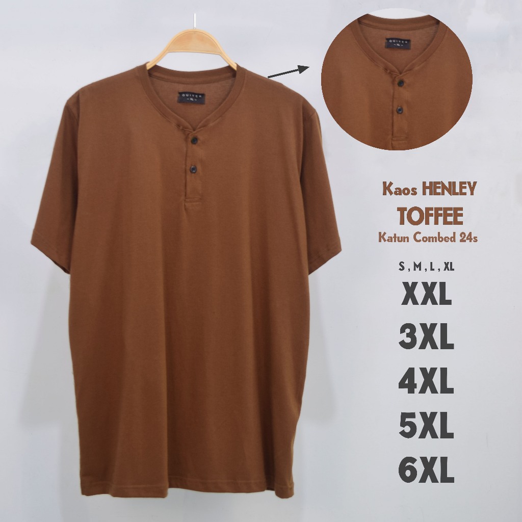 Kaos Polos Henley Kancing Jumbo Pria Toffee 24s Big Size S M L XL XXL 3XL 4XL 5XL 6XL