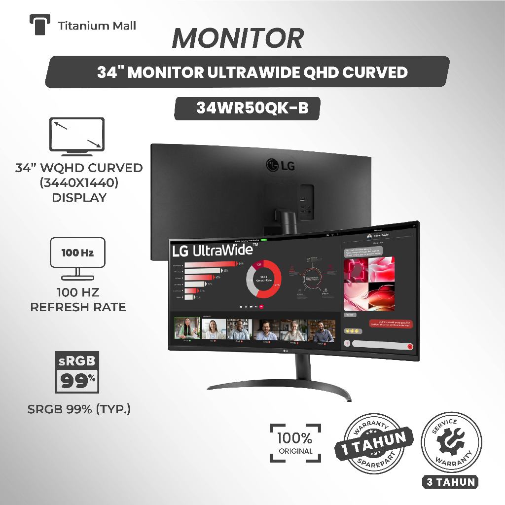 Monitor LG 34WR50QK‑B 34 Inch Layar UltraWide Layar Lengkung 1800R HDR10 sRGB99%