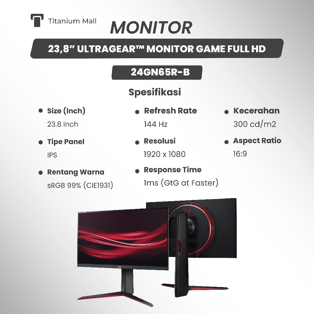 Monitor Gaming LG UltraGear 24GN65R‑B 23.8 Inch IPS 1 ms GtG Full HD 144Hz dengan HDR10