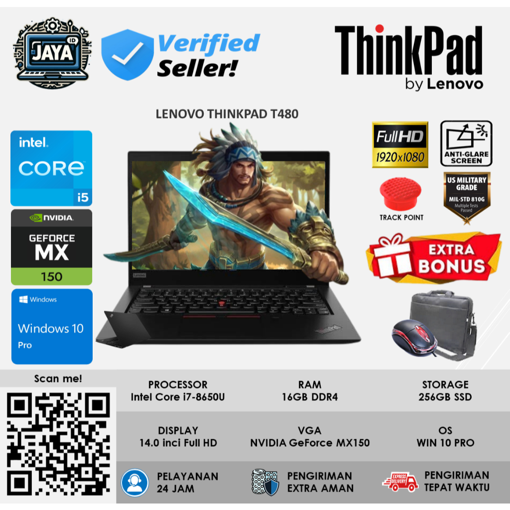 Laptop Lenovo Thinkpad T480 Intel I7 8650U 16GB 256GB NVIDIA MX150-2GB 14 Inch Full HD