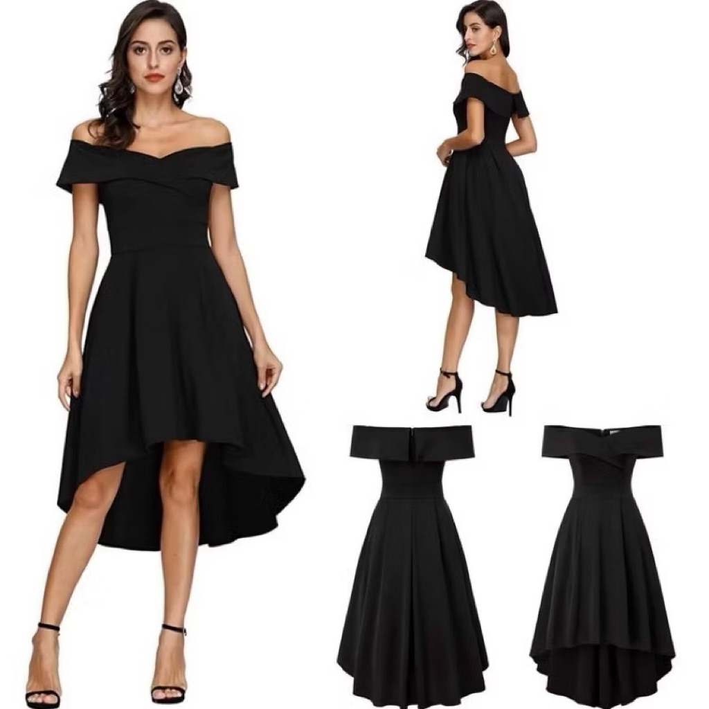 LAUNA DRESS - Dress pesta off shoulder sabrina A line high low midi dress gaun party big size jumbo 