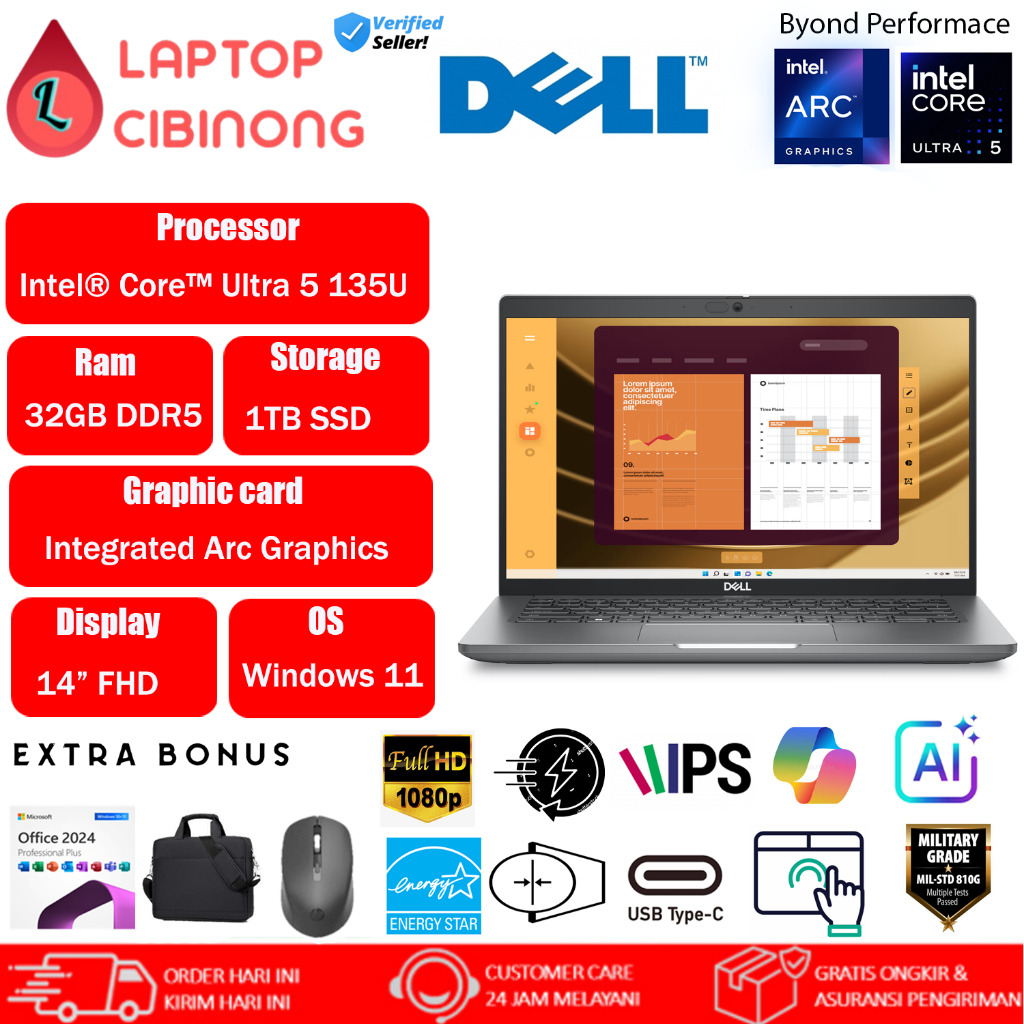 Laptop Dell Latitude 14 5450 Intel Ultra 5 135U Ram 32GB FHD IPS Windows 11 Pro Office 2024 Grey