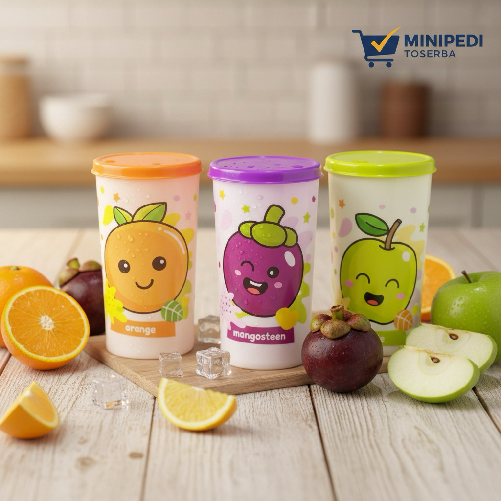Gelas Plastik 400 ml Dengan Tutup Motif Buah Cup Minum Anak dan Dewasa