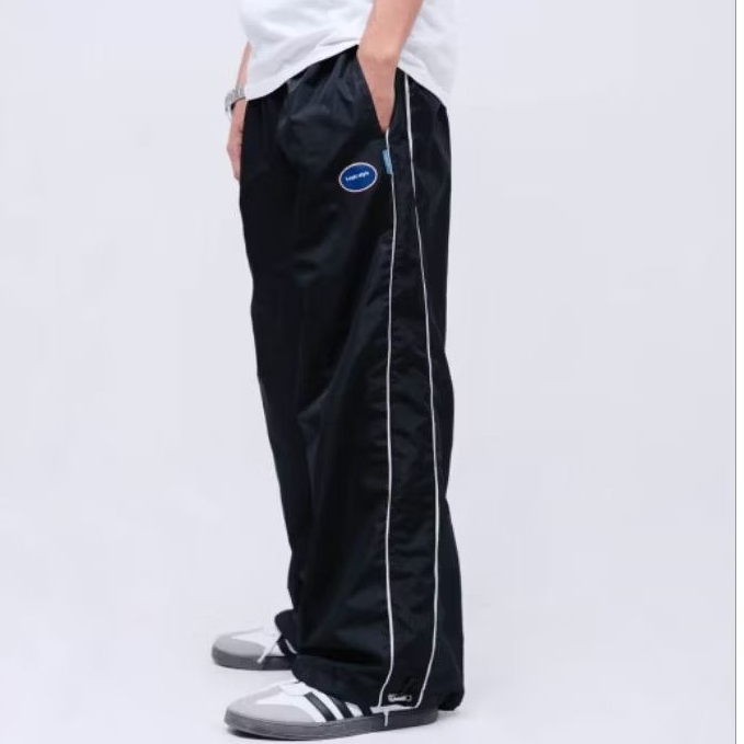 Logic.style Celana Panjang Baggy Pants Polos Gesper Pungsional Longgar Pria/Wanita Hitam K660 Perasu