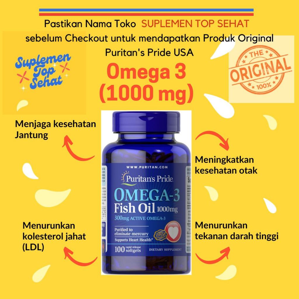 ORIGINAL PURITAN PRIDE OMEGA 3 FISH OIL 1000 MG ISI 100 Softgels untuk meningkatkan kesehatan Jantun