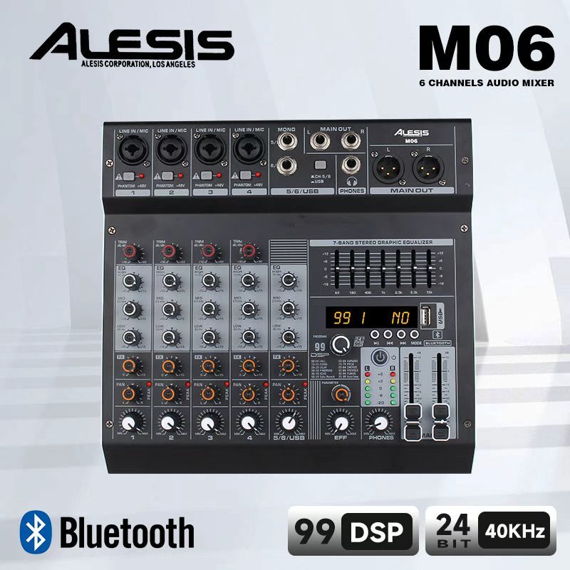 ALESIS M06 Mixer, 6 saluran Echo Tuner, Bluetooth / USB Stable Connection Stage Performance Tuner