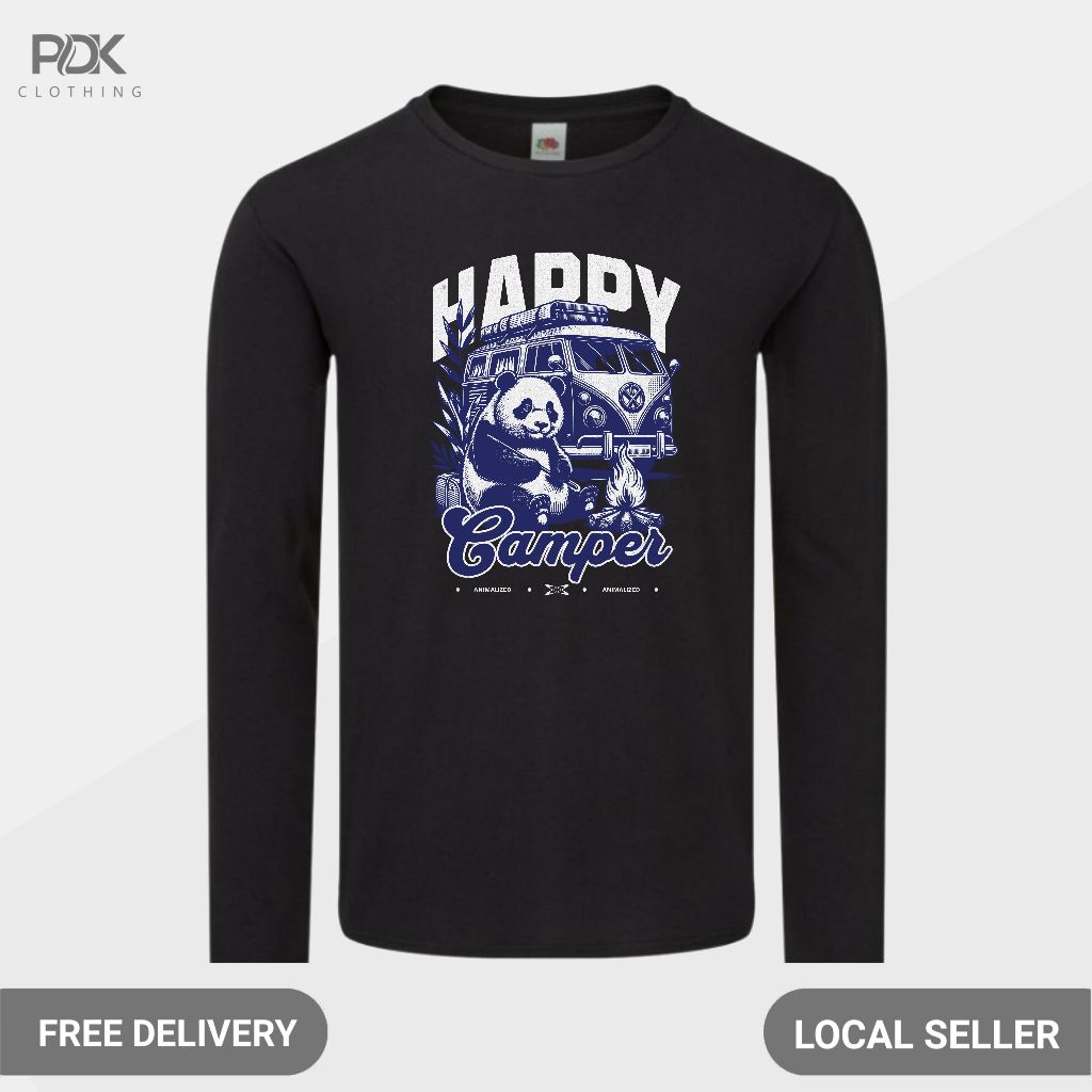 Animalized Kaos Pria Baju Lengan Panjang Panda Happy Outdoor Campfire Adventure