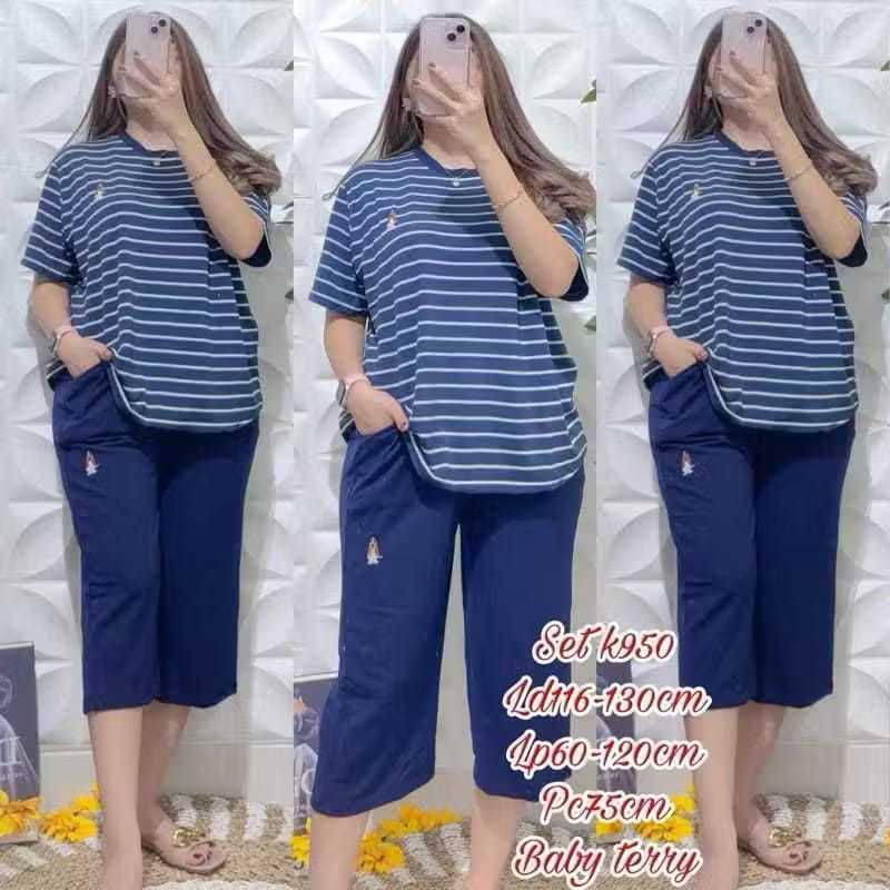 ( GRATIS ONGKIR ) Setelan 7/8 Jumbo Kerah Hush Salur Babyterry Import Tebal Bordir Elegan OneSet Wan