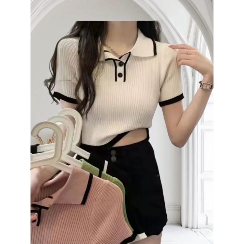 switer rajut crop polet/atasan polet kancing tangan pendek cantik/kaos rajut polo kancing