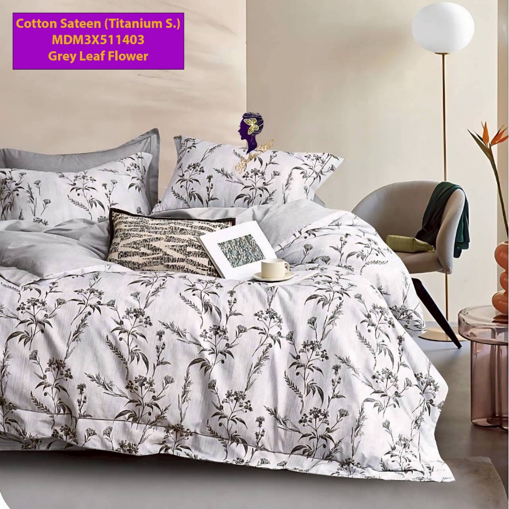 Madamel Set Sprei/ Set Sprei+Bedcover Cotton Sateen Grey Leaf FlowerTitanium S.