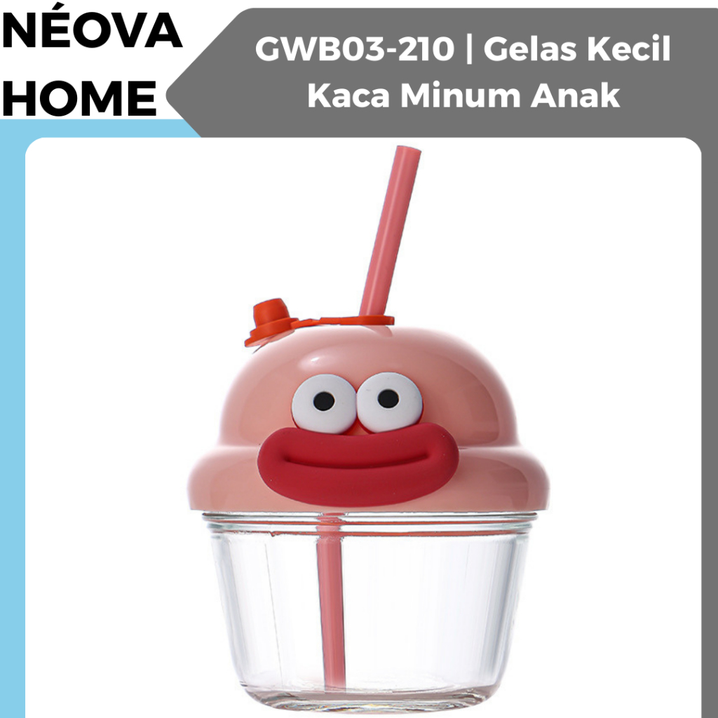 Gelas Kaca Tutup Gelas Kecil Kaca Minum Anak Anti Tumpah Karakter Lucu GWB03-210