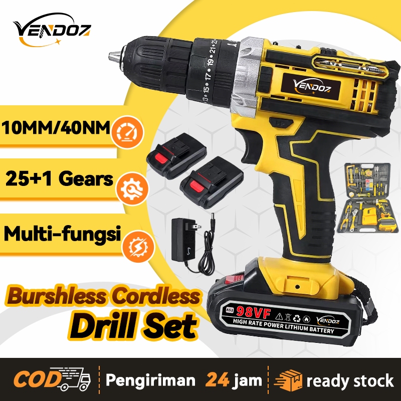 VENDOZ Mesin Bor Impact Baterai 2-Speeds Built-in Bit Slots&Level Bor Cas jld 2 Bater Case 25+3 Bor 