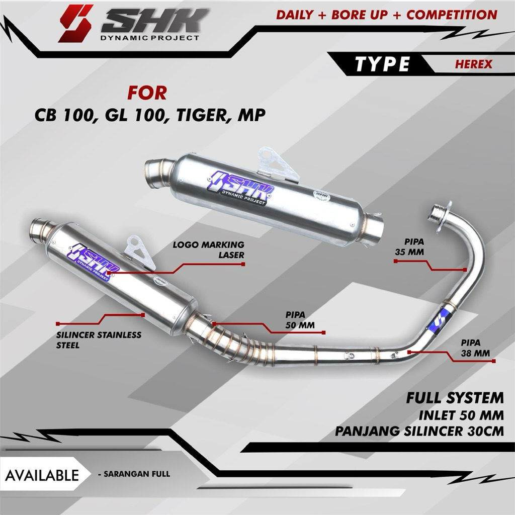 Knalpot racing CB,GL,Tiger,MP model bulat jenong panjang by SHK inlet 50mm