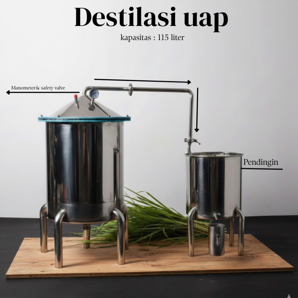 Alat destilasi uap / Penyulingan kapasitas 115liter Penyulingan minyak atsiri sereh wangi, cengkeh