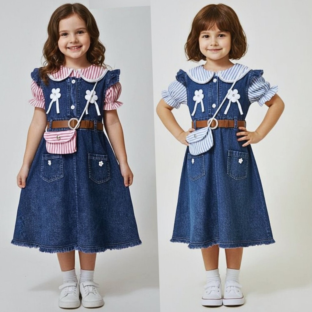 Dres jeans anak perempuan lengan pendek motif salur model terbaru 2025 free tas usia 3 - 10 tahun dr