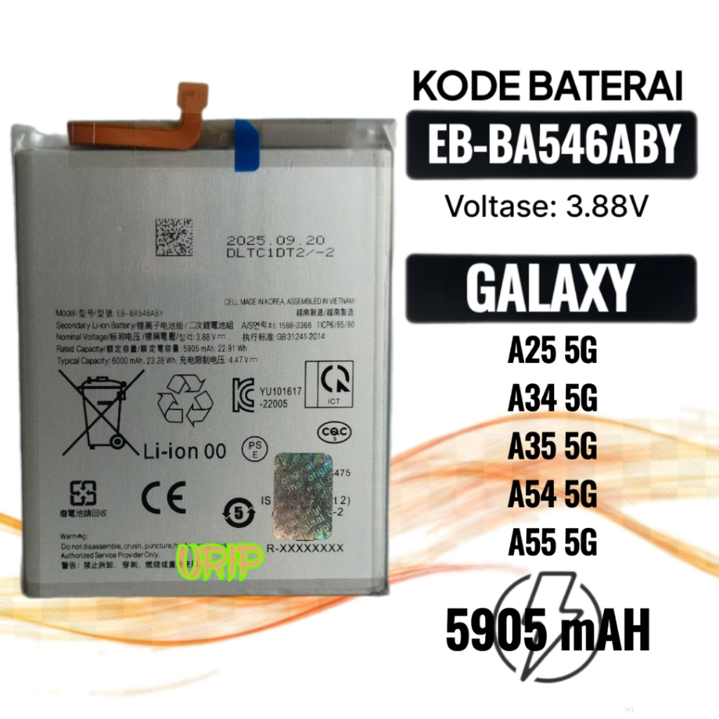 Baterai Urip S4ms EB-BA546ABY compatible with A25 A34 A35 A54 A55 battery 5G batere ba546aby 5905mAh