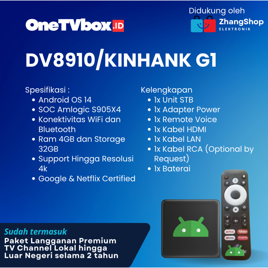 STB DV8910 / Kinhank G1 Ram 4GB Storage 32GB Android TV Box OS 14 Root Unlock Full Aplikasi Siap Pak